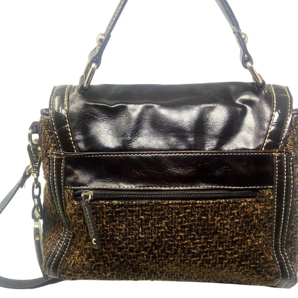 Tignanello Brown Tweed‎ Leather Trim Satchel Shoulder Crossbody Bag